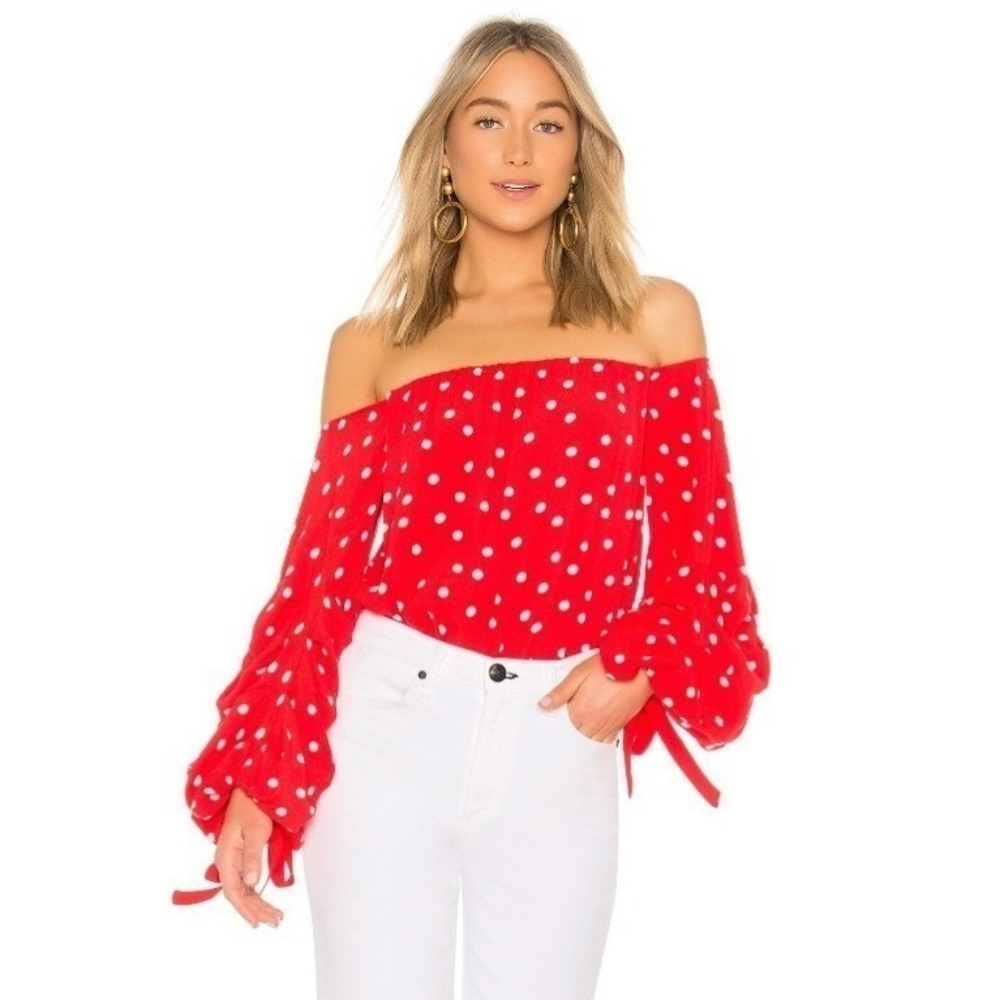 Lovers + Friends Top Small Red Polka Dot Off Shoulder Long Sleeve Tie Cuff Emery